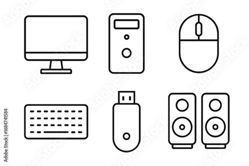 Outline icons of computer monitor, tower, mouse, keyboard, usb, and speakers