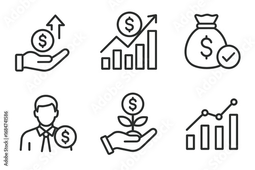 Financial growth icons: investments, profit, and analytics illustrations