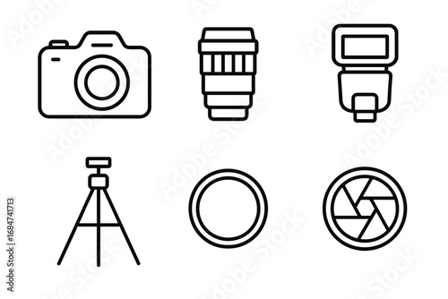 Photography equipment icons set: camera, lens, flash, tripod, filter, shutter