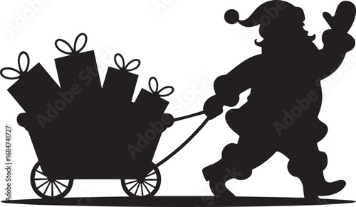 Silhouette of santa claus pulling a cart full of gifts with a cheerful wave