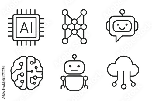 Ai chip, neural network, chatbot, brain circuit, robot, cloud technology icons