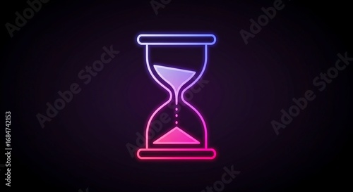 Captivating neon hourglass glows with vibrant pink and blue hues against a dark background, symbolizing the passage of time and urgency