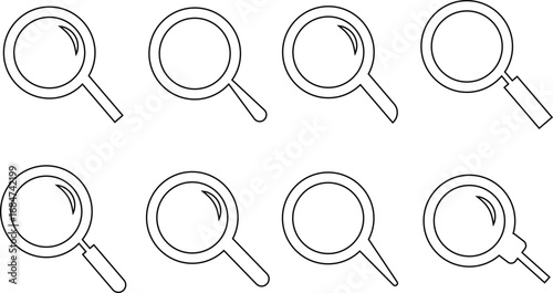 Search icon set collection group in black line style, magnifying glass symbol pack, zoom find explore tool bundle, isolated on transparent background, outline glyph design elements