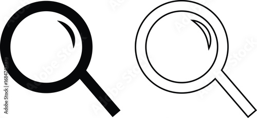 Search icon set collection group in black flat and line style, magnifying glass symbol pack, zoom find explore tool bundle, isolated on transparent background, outline glyph design elements