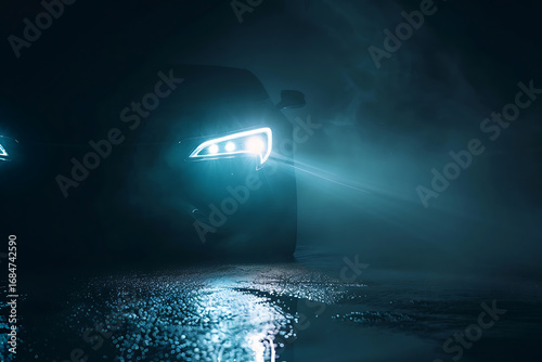 Futuristic LED car headlight projecting sharp beam in dark foggy environment