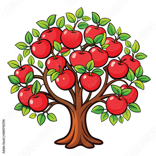 A vibrant apple tree laden with red apples, a healthy and classic illustration on a clean white background, for nature, food, and harvest themes.