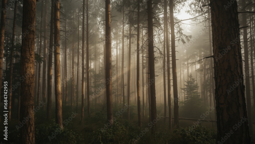 Obraz premium Foggy Forest with a Dense Canopy