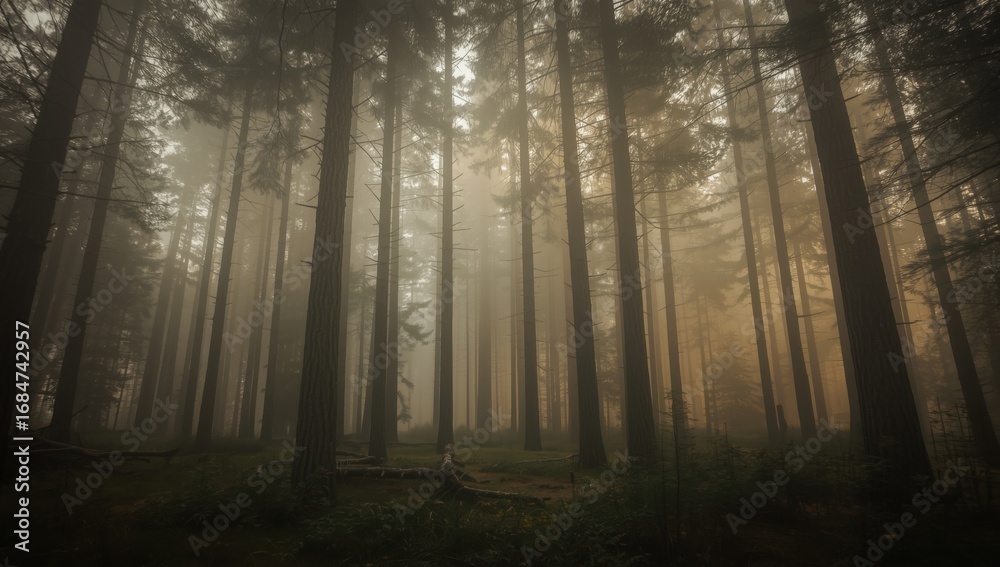 Obraz premium Dense Forest Covered in a Thick Fog