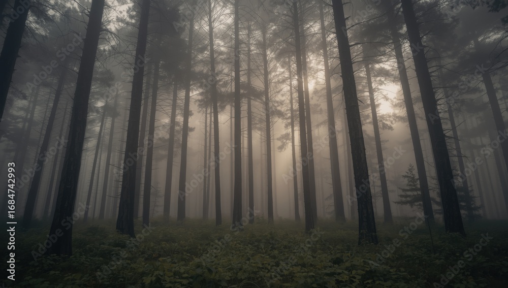 Fototapeta premium Majestic Pine Trees in a Misty Forest