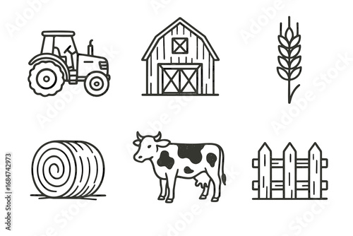 Farm icons: tractor, barn, wheat, hay, cow, fence - simple line art collection