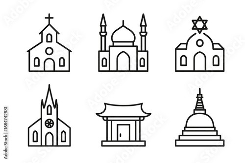 Outline icons of religious buildings: church, mosque, synagogue, temple, pagoda