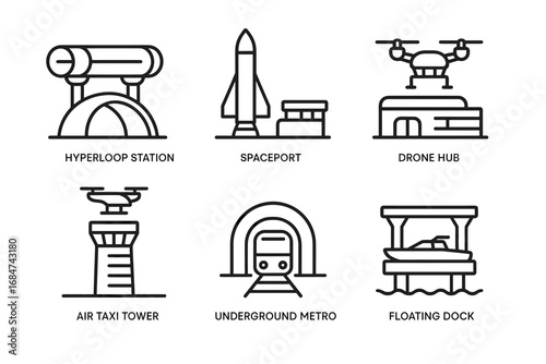 Innovative future transport hubs: hyperloop, spaceport, drone, air taxi, metro, dock