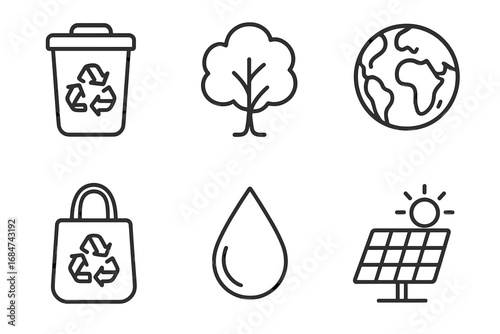 Eco-friendly icons: recycling, tree, earth, reusable bag, water drop, solar panel