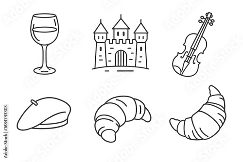 French culture icons: wine, castle, violin, beret, croissant