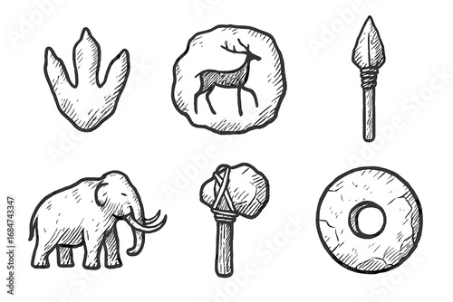 Prehistoric tools and animals: spear, mammoth, rock art, wheel, fossil