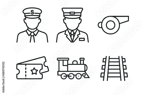 Train conductor icons: engineers, whistle, ticket, locomotive, rails