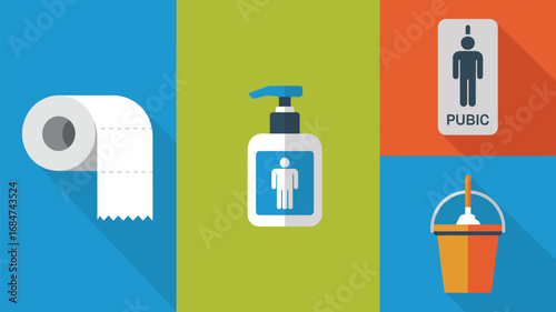 Flat design illustration of toilet paper, hand soap, public restroom sign, and cleaning bucket icons