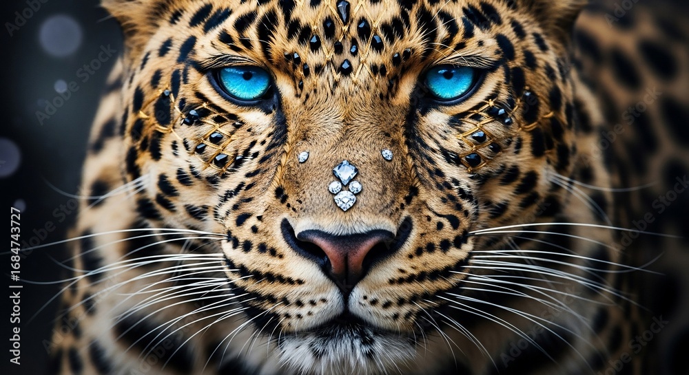 Naklejka premium Majestic Leopard Portrait with Ornate Jewel Adornments