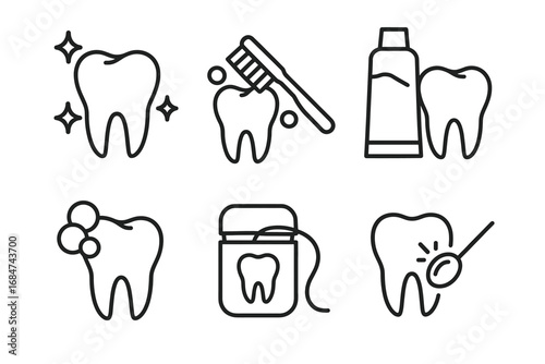 Dental hygiene icons: tooth, toothbrush, toothpaste, floss, clean, sparkle