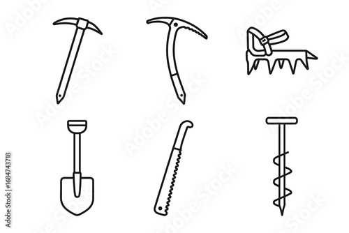 Collection of minimalist mountaineering and climbing gear icons