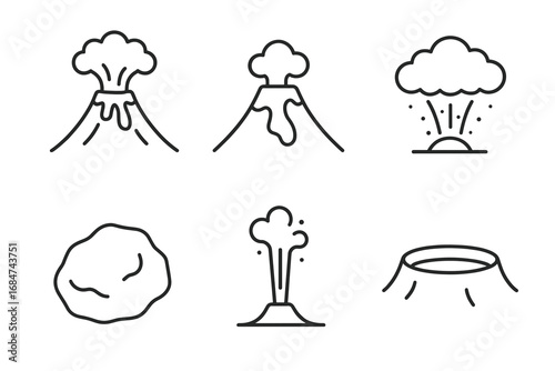 Volcanic eruption icons: simple line designs of volcanoes and geysers