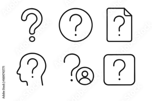 Abstract minimalist icons featuring question marks and human silhouette