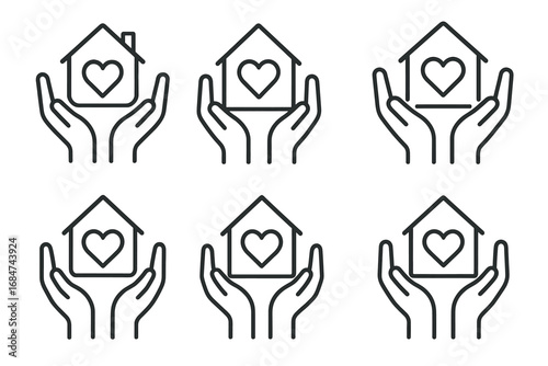 Set of hand and heart in home icons symbolizing care and shelter