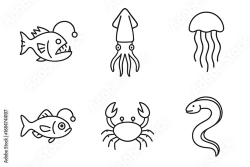Line art sea creatures: fish, squid, jellyfish, crab, eel outlines