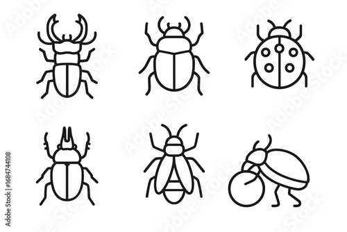 Outline icons of various beetles and insects