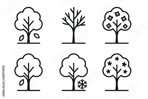 Seasons tree icons: simple line art illustrating seasonal changes