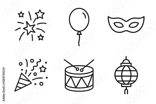 Festive celebration: fireworks, balloon, mask, confetti, drum, lantern icons