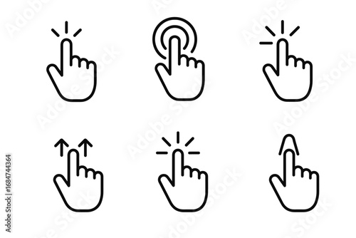 Hand gesture icons: tap, swipe, and click symbols for user interfaces