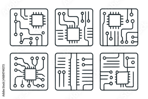 Set of simplified computer microchip circuit diagrams with circuit board layouts