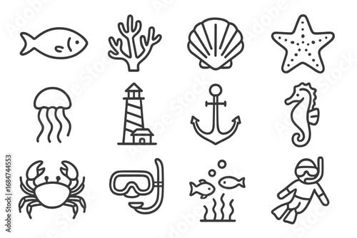 Explore the wonders of ocean life through a collection of marine-themed icons featuring sea creatures and underwater elements