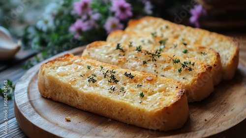 Garlic bread on wooden plate with flower on background