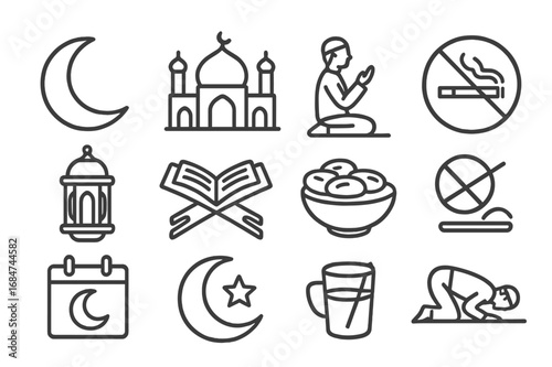 Icons representing Islamic practices and symbols related to prayer, Ramadan, and cultural traditions during nighttime