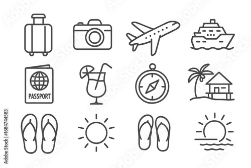Travel essentials featuring luggage, camera, passport, and relaxing vacation elements in a simple, minimalist style