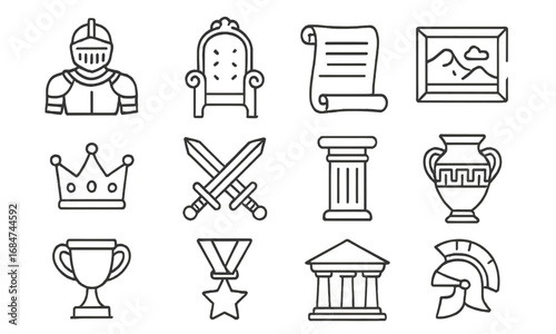 Historical symbols representing valor, nobility, and artistry in a medieval context with a modern twist