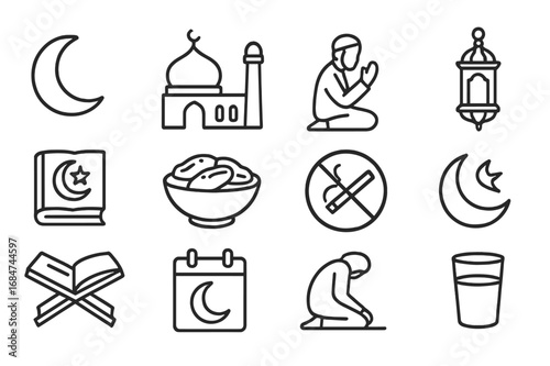 Ramadan symbols including crescent moon, lantern, and prayer elements on a light background