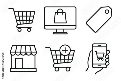Online and physical shopping icons: cart, storefront, price tag, smartphone, monitor
