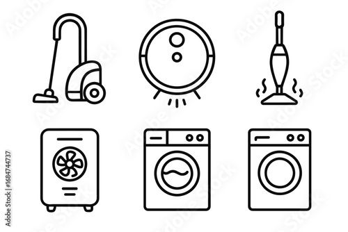 Household appliances icons: vacuum, robot, steam mop, fan, washer, dryer