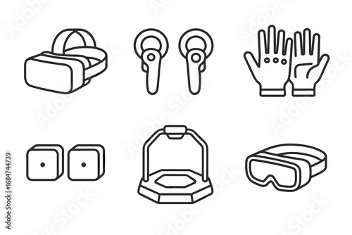 Virtual reality devices: headset, controllers, gloves, sensors, platform, goggles