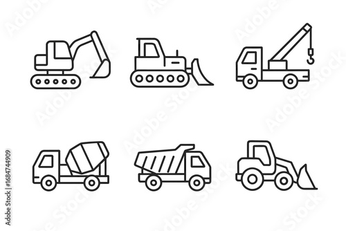 Outline icons of construction vehicles: excavator, bulldozer, crane, cement mixer, dump truck, loader