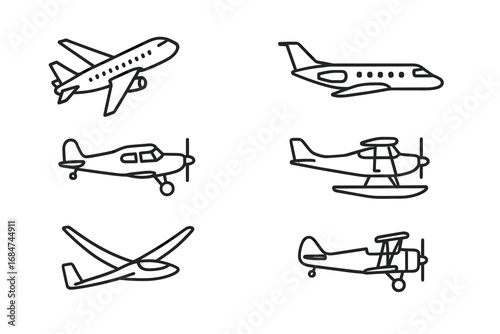Collection of simple airplane line drawings: jets, gliders, and seaplanes