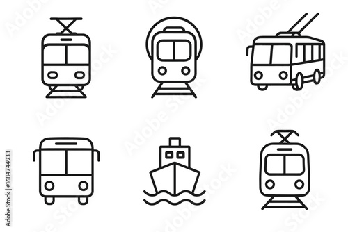 Simple line icons of transportation - trains, buses, and ships in black and white