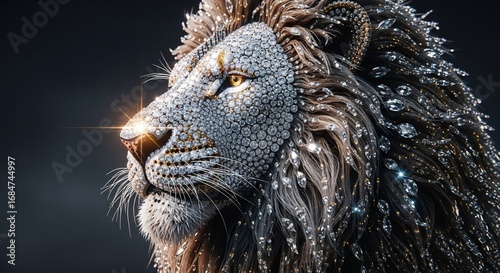 Majestic Lion Profile Adorned with Sparkling Diamonds and Golden Accents