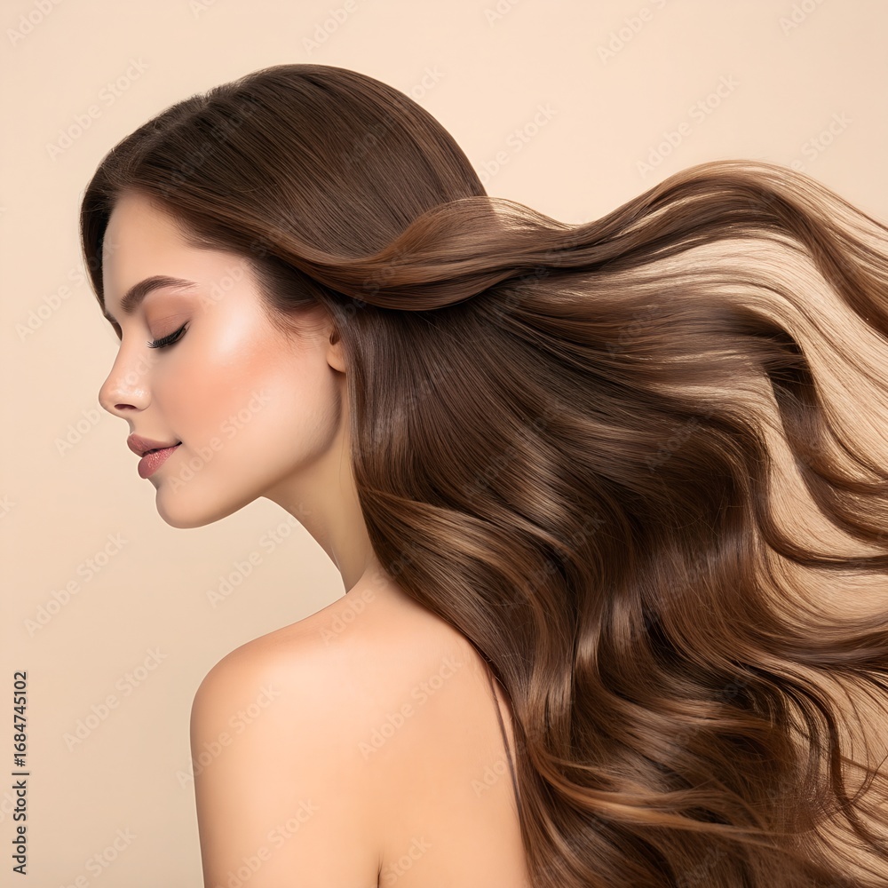 Naklejka premium A young Caucasian woman with long, flowing brown hair poses against a neutral background. She has a serene expression and smooth skin.