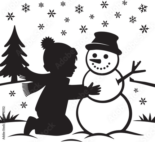 Joyful child embraces handmade snowman in snowy winter wonderland scene