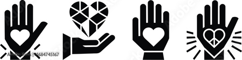 Four black and white illustrations showing hands and hearts symbolizing love and support concepts