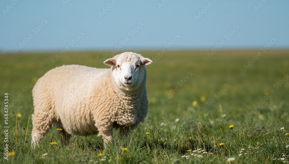 Fototapeta premium Sheep Grazing Peacefully in a Green Meadow Under a Clear Blue Sky, Full Body View.